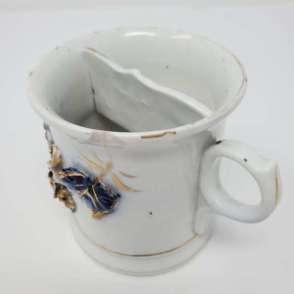 Antique German Porcelain Victorian Shaving Mug Raised Gold Flowers Cobalt Leaves - Picture 3 of 7